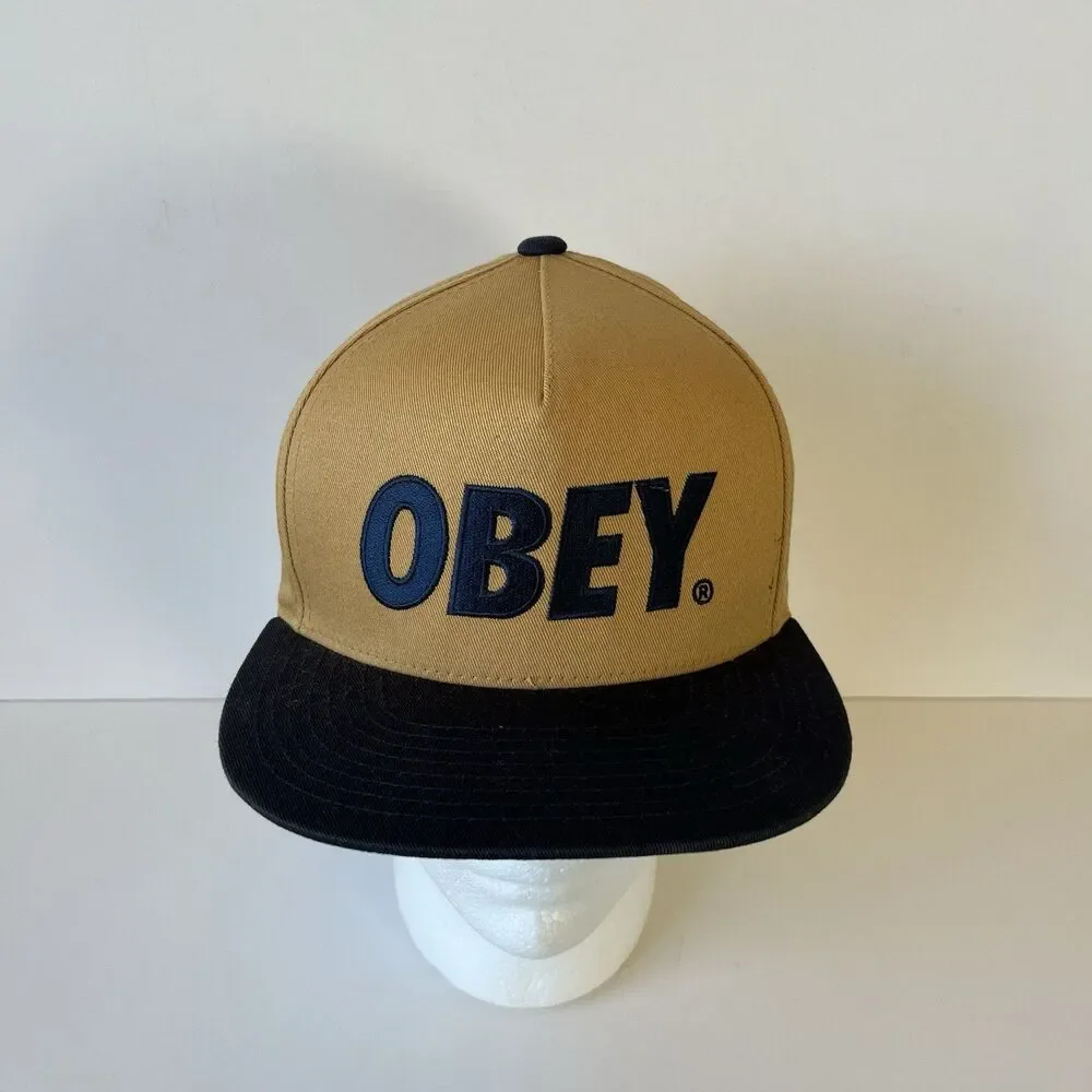 Obey Box Logo Snapback Hat Flat Bill Camel Brown Black Men’s One Size Adjustable - Picture 4 of 6